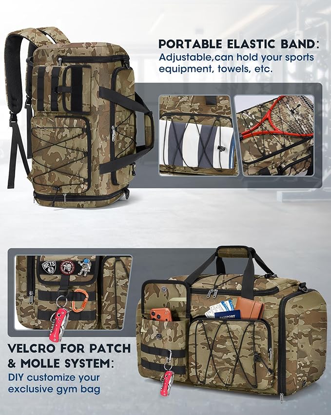 SDYSM Gym Bag for Men 45L Sports Duffel Bags 3-in-1 Travel Duffel Bag with Shoe Compartment, Gym Workout Backpack Carry On Weekender Bag Overnight Bag for Travel, KhakiCamouf