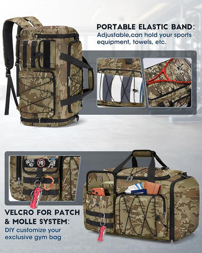 SDYSM Gym Bag for Men 45L Sports Duffel Bags 3-in-1 Travel Duffel Bag with Shoe Compartment, Gym Workout Backpack Carry On Weekender Bag Overnight Bag for Travel, KhakiCamouf