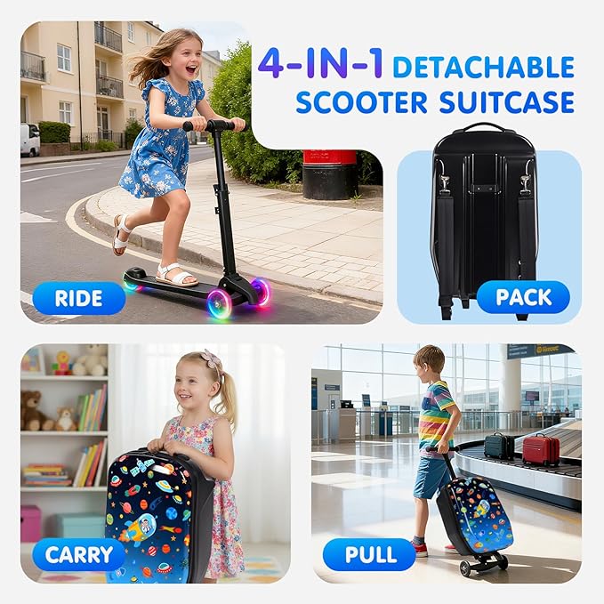 smilesun 4-in-1 Detachable Scooter Luggage for Kids & Teens, Foldable Hardside Ride On Suitcase with Wheels, Stylish and Safe Design(Navy Blue)