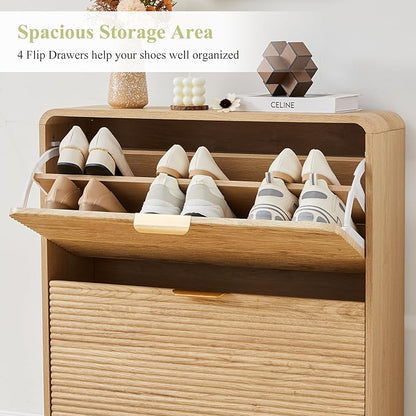RARZOE Set of 2 Fluted Shoe Storage Cabinets for Entryway, Narrow Curved Shoe Cabinet with 2 Flip Drawers, Wood Hidden Shoe Organizer Closed Shoe Rack Cabinet for Foyer,Hallway (29.5''Natural)