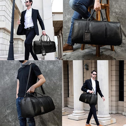 Leather Travel Bag Large Capacity Luggage Duffel Bag with Shoe Compartment, Men Women Weekend Shoulder Handbag for Holiday Business Trip (55cm-Black)