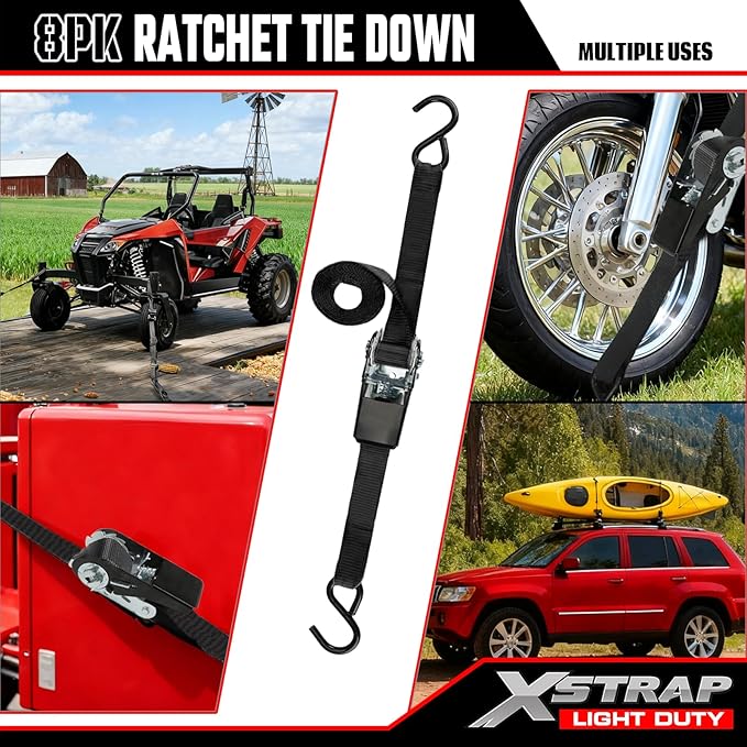 XSTRAP STANDARD Ratchet Tie Down Straps 8PK 1'' x 10 ft - 900 LB Break Strength Cargo Straps for Moving Appliances, Lawn Equipment, Motorcycle (Black)