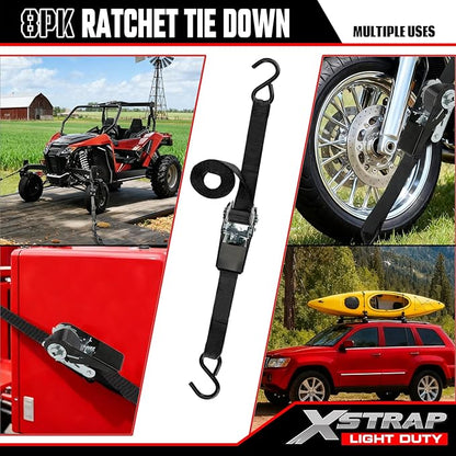 XSTRAP STANDARD Ratchet Tie Down Straps 8PK 1'' x 10 ft - 900 LB Break Strength Cargo Straps for Moving Appliances, Lawn Equipment, Motorcycle (Black)