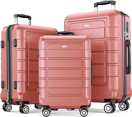 SHOWKOO Luggage Sets Expandable PC+ABS Durable Suitcase Sets Double Wheels TSA Lock Rose Gold 3pcs