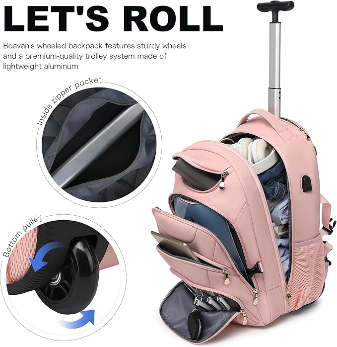 Boavan Rolling Backpack for Women, 17.3 Inch Wheeled Laptop Backpack,Large Travel Carry-On Bag for Teachers College Students, USB Charging Port Waterproof Business for Airplane Overnight Luggage，Pink