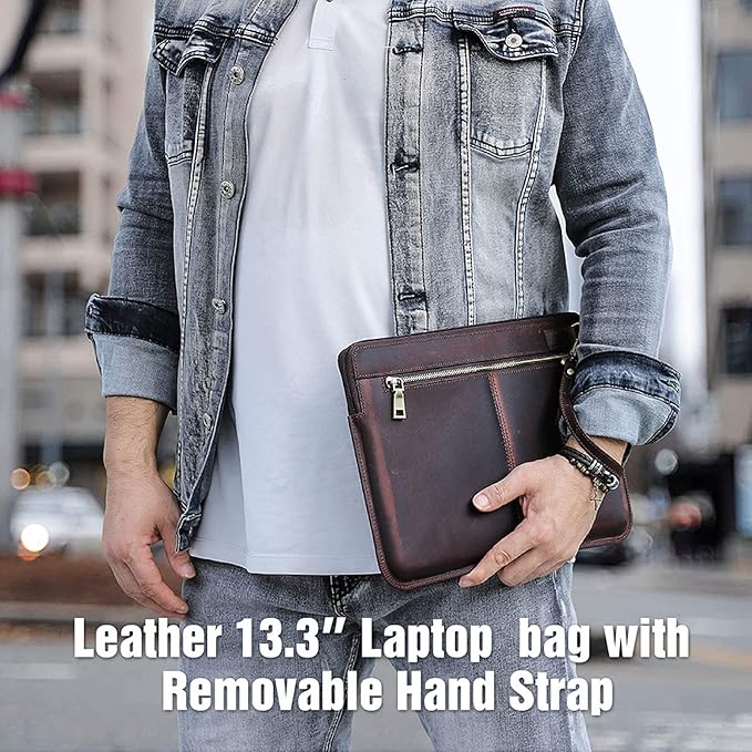 Top Grain Leather 13.3" Slim Laptop Sleeve Case Bag, Vintage Design with 2 Zip Pocket, Handmade, Compatible with MacBook Pro 13.3" MacBook Air 2022 DELL XPS 13" & Other PC, Coffee 13.3 Inch