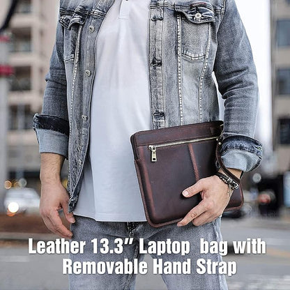 Top Grain Leather 13.3" Slim Laptop Sleeve Case Bag, Vintage Design with 2 Zip Pocket, Handmade, Compatible with MacBook Pro 13.3" MacBook Air 2022 DELL XPS 13" & Other PC, Coffee 13.3 Inch