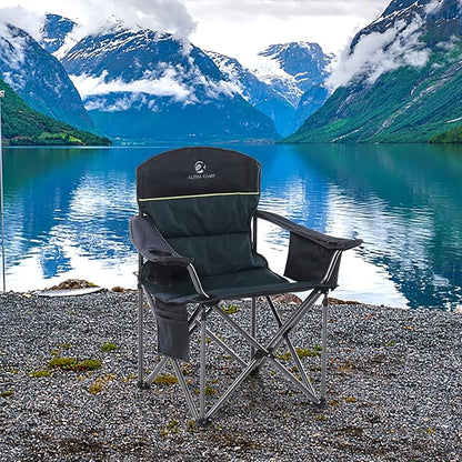 LET'S CAMP Oversized Folding Camping Chair Portable Outdoor Heavy Duty Padded Chairs Lawn Chair with Cup Holder, Storage Pocket and Cooler Bag, Supports 450LBS, for Camp, Travel, Picnic,2 Pack(Green)