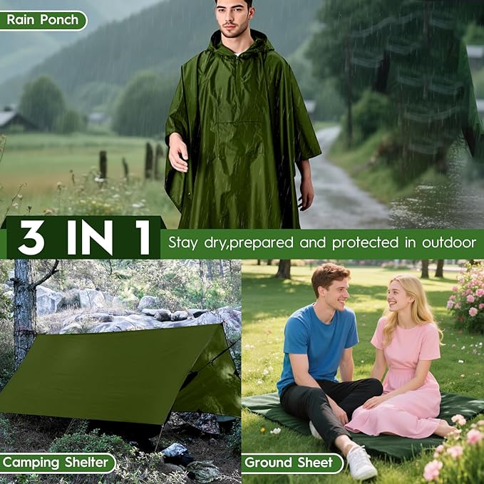 Bruvoalon 3-in-1 Rain Poncho with 1/4 Zip & Chest Pocket, Waterproof, Sunshade, Ground Mat for Adults & Youth Emergency