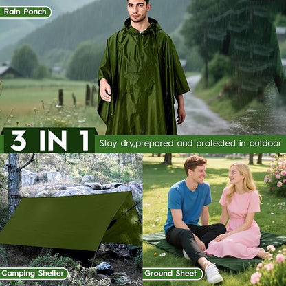 Bruvoalon 3-in-1 Rain Poncho with 1/4 Zip & Chest Pocket, Waterproof, Sunshade, Ground Mat for Adults & Youth Emergency