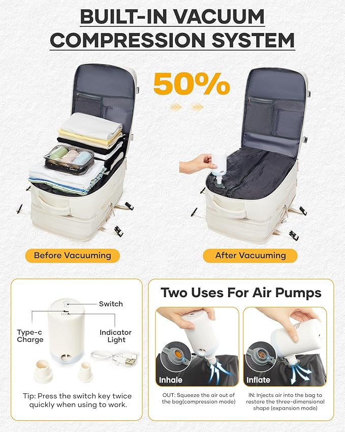 coofay Vacuum Backpack Travel with Pump Travel Backpack with Vacuum System Compression Backpacks for Traveling Easyvacpack Vacpack Backpacks Carry on Luggage