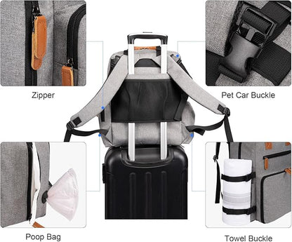 Modoker Dog Travel Bag, Airline Approved Backpack for Pet Accessories Organizer, Tote Weekend Bag with 2 Food Storage Containers, 2 Collapsible Dog Bowls, 1 Pet Mat, Grey