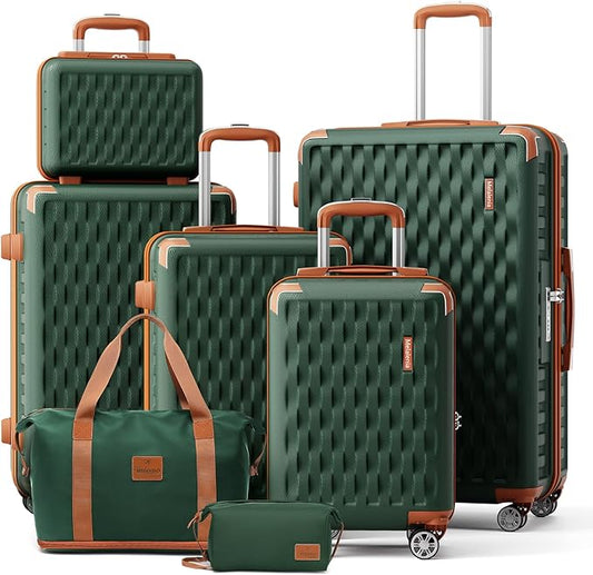 Melalenia Luggage Sets 7 Piece Hard Shell Carry on Suitcase with Spinner Wheels and TSA Lock, Lightweight Travel Duffel Bag for Women, Men, Green Brown