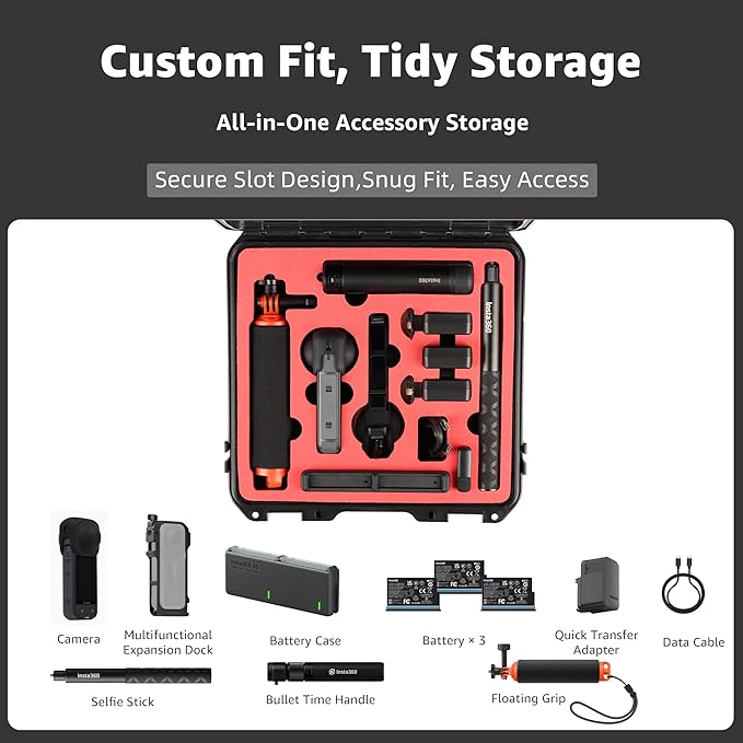 Waterproof Hard Case for Insta360 X5 Essentials Bundle/X4/X3 | Holds Up to 6 Batteries | Shockproof & Dustproof Protection | Fits Floating Hand Grip, Selfie Stick, Lens Guards & Accessories