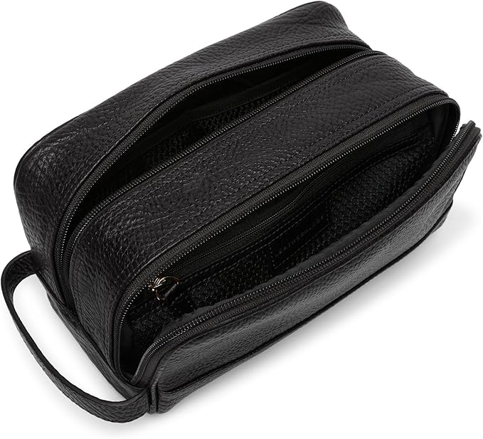 Leatherology Premium Ebony Leather Toiletry Bag – Small Double Zip Dopp Kit – Full Grain Leather Travel Organizer with Water-Resistant Lining – Compact Grooming Bag for Men or Women