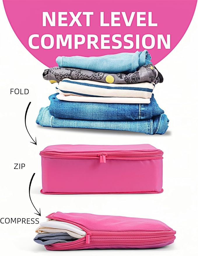 Compression Packing Cubes for Travel, 6-Piece Set (L/M/S), Double-Zip Luggage Organizers with Mesh Panels, Space-Saving Clothes Storage Bags for Suitcase & Carry-On (6 Pack, Rose Red)