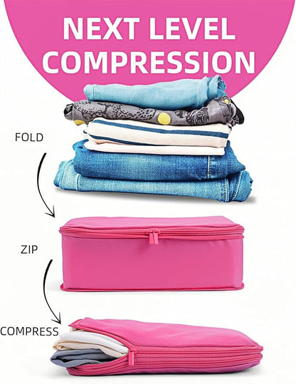 Compression Packing Cubes for Travel, 6-Piece Set (L/M/S), Double-Zip Luggage Organizers with Mesh Panels, Space-Saving Clothes Storage Bags for Suitcase & Carry-On (6 Pack, Rose Red)