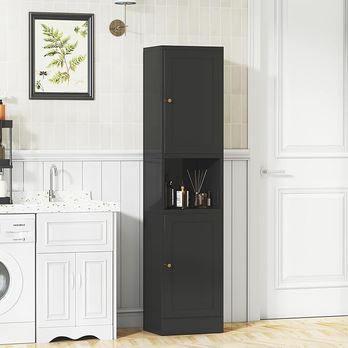 Tall Narrow Storage Cabinet - 67" Slim Bathroom Organizer with 3 Adjustable Shelves, 2 Doors (Left/Right Opening),Metal Floor Cabinet for Small Spaces, Bathroom & Kitchen (Metal, Black)