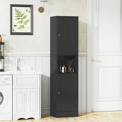 Tall Narrow Storage Cabinet - 67" Slim Bathroom Organizer with 3 Adjustable Shelves, 2 Doors (Left/Right Opening),Metal Floor Cabinet for Small Spaces, Bathroom & Kitchen (Metal, Black)