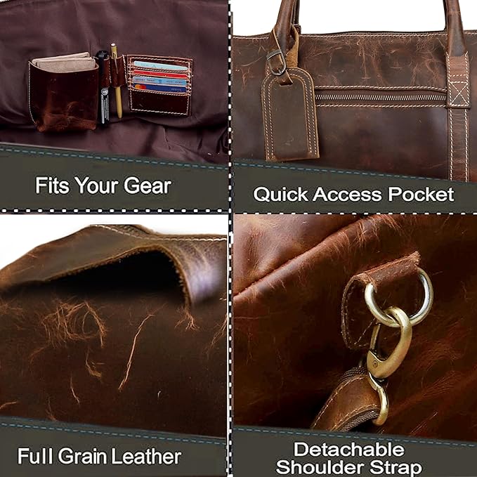 Leather 24 Inch Duffle Bag for Men and Women Large Carry On Luggage Weekender Travel Overnight Gym Sports Bag for Airplanes
