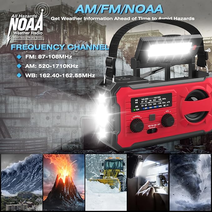10000mAh Emergency Radio, NOAA Weather Radio with AM/FM, 37000mWh Rechargeable Phone Power, USB/Solar/Hand Crank Charging, LED Flashlight, SOS Alarm, Reading Lamp for Indoor/Outdoor Emergencies