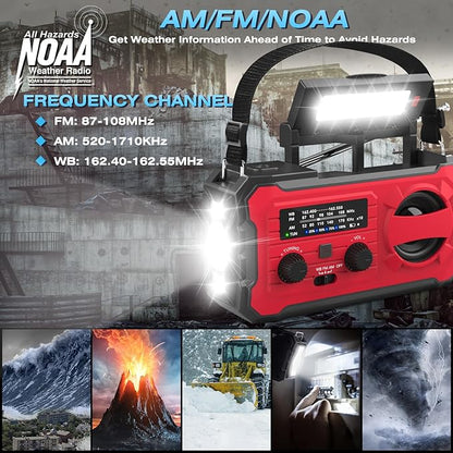 10000mAh Emergency Radio, NOAA Weather Radio with AM/FM, 37000mWh Rechargeable Phone Power, USB/Solar/Hand Crank Charging, LED Flashlight, SOS Alarm, Reading Lamp for Indoor/Outdoor Emergencies