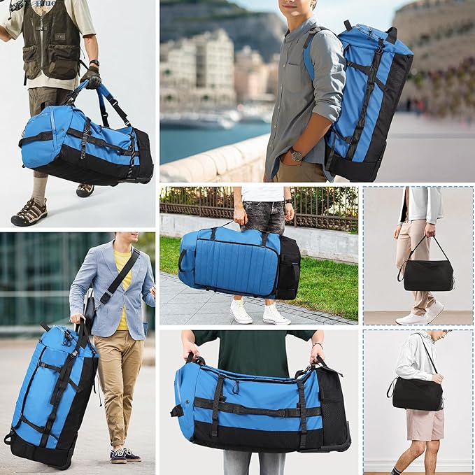 CONTAIL 86L Wheeled Duffel Bag, Soft Shell with Adjustable Web Handles, Carry On Size 29.5x14.2x12.6in, Foldable with Dual Wheels & Shoe Compartment,Blue