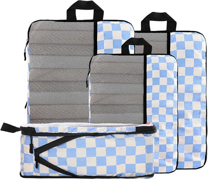 U+U 4 Set Compression Packing Cubes - Ultralight Travel Organizers, Space-Saving Suitcase Organizer, Expandable Packing Cubes for Travel, Business Trip and Family Vacation (Blue Checkered)