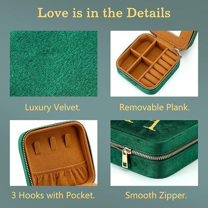 Parima Plush Velvet Jewelry Travel Organizer for Women Girl - Small Travel Jewelry Box Personalized Jewelry Case Travel Essentials for Women Birthday Mom Friends Teenage Gift Idea - Letter O, Green