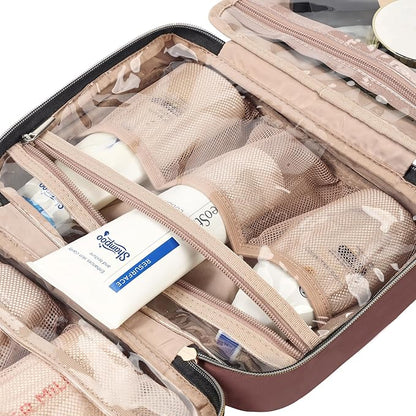 NISHEL Travel Toiletry Bag for women, Portable Hanging Organizer for Travel-Sized Shampoo, Conditioner, Brushes Set, Makeup Accessories, Medium Size, Rosewood-Pink