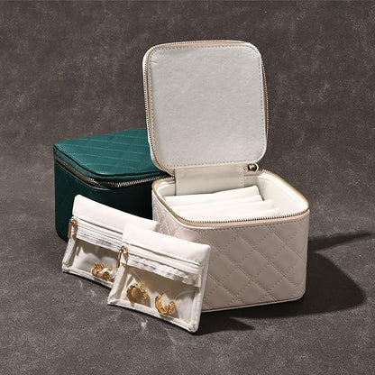 Travel Jewelry Box Organizer - Small Jewelry Case with 6 Small Velvet Zipped Pouches Pockets for Jewelry Necklaces Rings Earrings Storage(White)