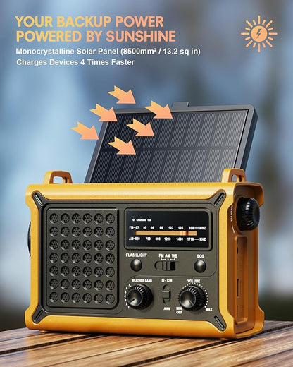 Emergency Weather Radio – NOAA/AM/FM Portable Solar & Hand Crank Radio with LED Flashlight, Reading Lamp, USB Phone Charger, SOS Alarm – Survival Gear for Hurricanes, Storms & Power Outages (Yellow)