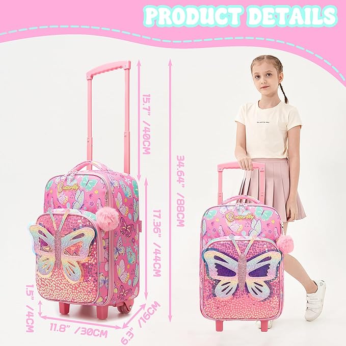 Kids Pink Butterfly Luggage with Wheels Suitcases Travel Softside Suitcases 16" Carry on Suitcase with Duffle Bag Luggage Sets Airline Approved
