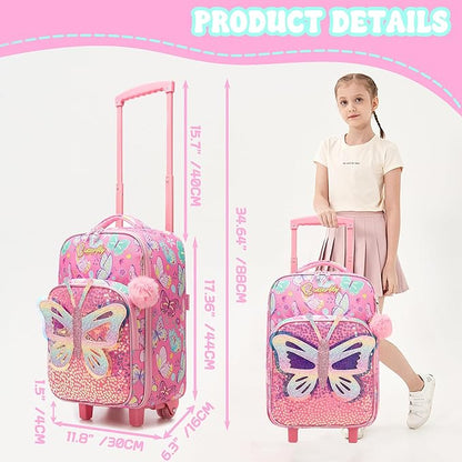 Kids Pink Butterfly Luggage with Wheels Suitcases Travel Softside Suitcases 16" Carry on Suitcase with Duffle Bag Luggage Sets Airline Approved