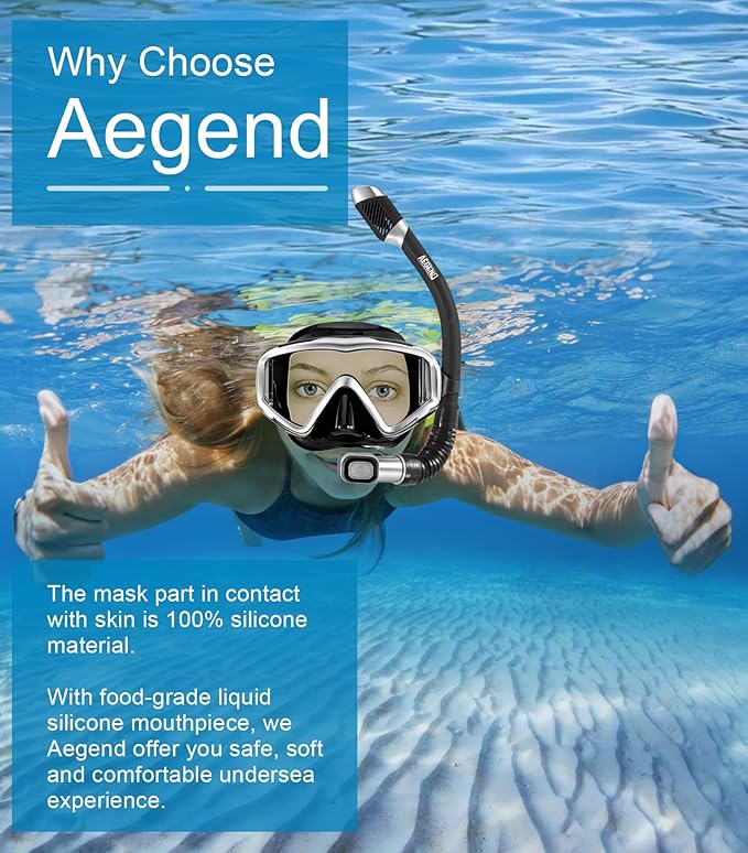 Aegend Snorkeling Gear for Adults Youth Kids, Dry Snorkel Set Panoramic View Enhanced Anti-Leak and Anti-Fog Technology, Adjustable Strap for Snorkeling Scuba Diving Swimming with Mesh Bag