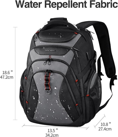 KROSER Travel Laptop Backpack 17.3 Inch XL Computer Backpack with Hard Shell Saferoom RFID Pockets Water-Repellent Business College Daypack Stylish Bag for Men/Women-Black Grey