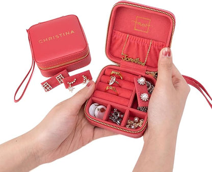 Angelina's Palace Personalized Jewelry Case with Name Engraved,Custom Leather Travel Jewelry Organizer Box for Rings,Earrings,Necklaces,Birthday Bridesmaid Gift For Women