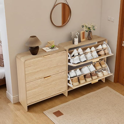 RARZOE Set of 2 Fluted Shoe Storage Cabinets for Entryway, Narrow Curved Shoe Cabinet with 2 Flip Drawers, Wood Hidden Shoe Organizer Closed Shoe Rack Cabinet for Foyer,Hallway (29.5''Natural)