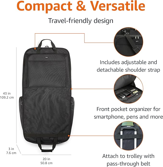 Amazon Basics 43" Premium Garment Bag for Travel, Suit Bag with Shoulder Strap for Suits and Dresses, 1680D Polyester Fabric, Exterior/Interior Pockets, Leather-reinforced Corners, Trifold, Black