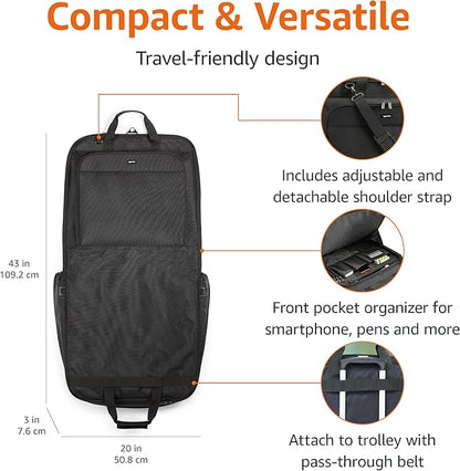 Amazon Basics 43" Premium Garment Bag for Travel, Suit Bag with Shoulder Strap for Suits and Dresses, 1680D Polyester Fabric, Exterior/Interior Pockets, Leather-reinforced Corners, Trifold, Black