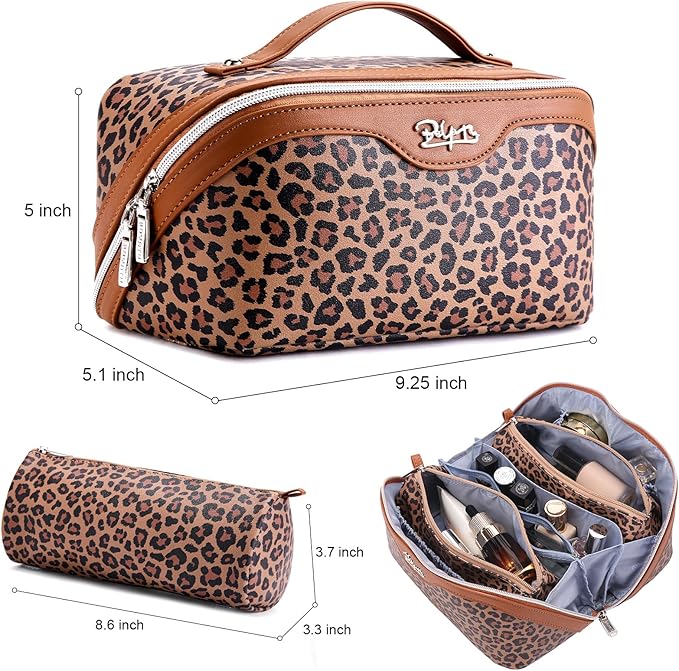 BOYATU Travel Makeup Bag for Women: 3 Pcs Set Portable Make up Bags with Handle - Leopard Print Cosmetic Bags with Comparments - Waterproof Vegan Leather Toiletry Bag (01-A-Brown)