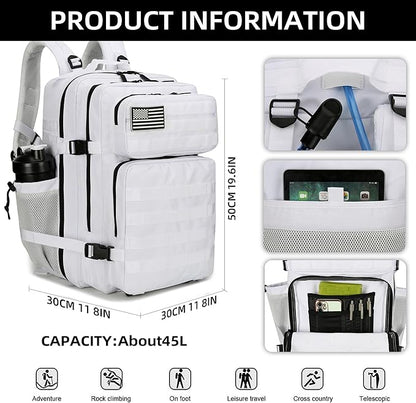 45L Tactical Assault Backpack 3 day assault pack with Molle Waterproof backpack Rucksack for Tactical Backpacks (White)
