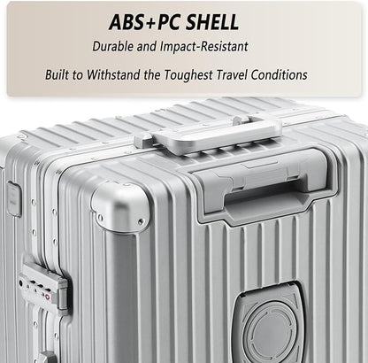 24 Inch Aluminum Frame Checked Travel Luggage with Spinner Wheels,Zipperless Hard Shell Suitcases with TSA Approved USB Port,Cup & Phone Holder for Women Men,Silver