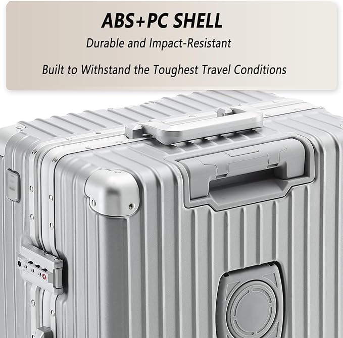 20 Inch Aluminum Frame Carry On Luggage 22x14x9 Airline Approved with Spinner Wheels,Zipperless Hard Shell Small Rolling Suitcases with TSA Approved USB Port,Cup & Phone Holder,Silver