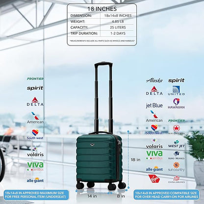 Flight Knight Carry On Suitcase 18x14x8" Hardside Built In TSA Lock & USB Port Lightweight Luggage Silent Double Spinner Wheels Maximum Underseat Carry-On Bag For American & United Approved Airlines