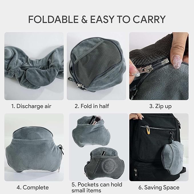 Inflatable Travel Neck Pillow for Airplane & Long Flights | 360° Cervical Support | Ultra-Compact & Lightweight with Washable Velour Cover | Easy Manual Pump Inflation