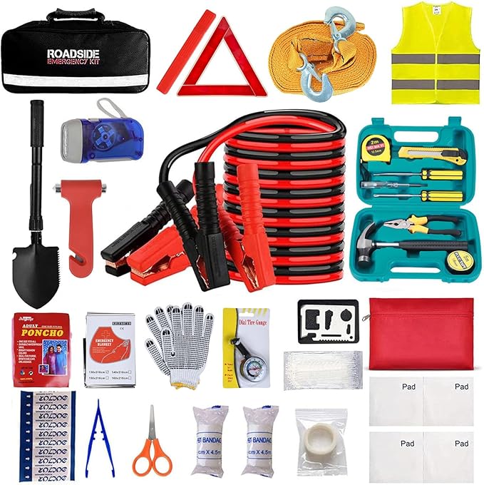 Car Emergency Roadside Tool Kit with Jumper Cable Shovel,Auto Truck Vehicle Assistant Safety Kit Bag for Men Women with First Aid Kit, Winter Basic Automobile Road Side Kit
