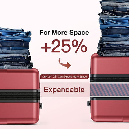 SHOWKOO Luggage Sets 3 Piece Hardside Expandable Lightweight PC Suitcase Sets with Double Spinner Wheels TSA Lock, Wine Red