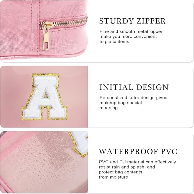 YOOLIFE Christmas Gifts For Teenage Girls Stocking Stuffers For Teen Girls Teacher Gifts Initial Clear Makeup Bag Birthday Gift Travel Toiletry Cosmetic Bags Birthday Gift Travel Essentials Pink A