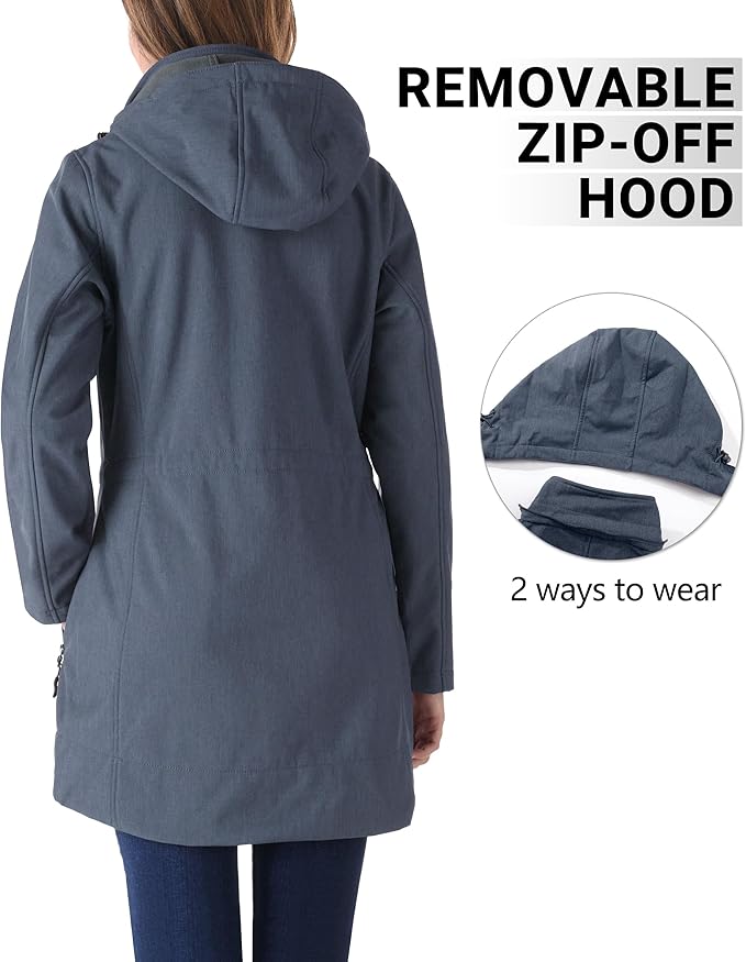 Outdoor Ventures Women's Softshell Jacket with Removable Hood Fleece Lined Windbreaker Insulated Long Warm Rain Jacket